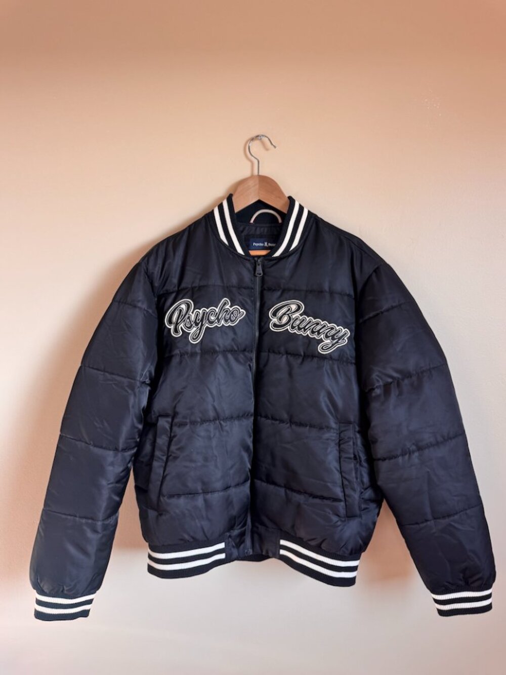 Psycho Bunny Puffer Varsity Bomber Jacket Black L